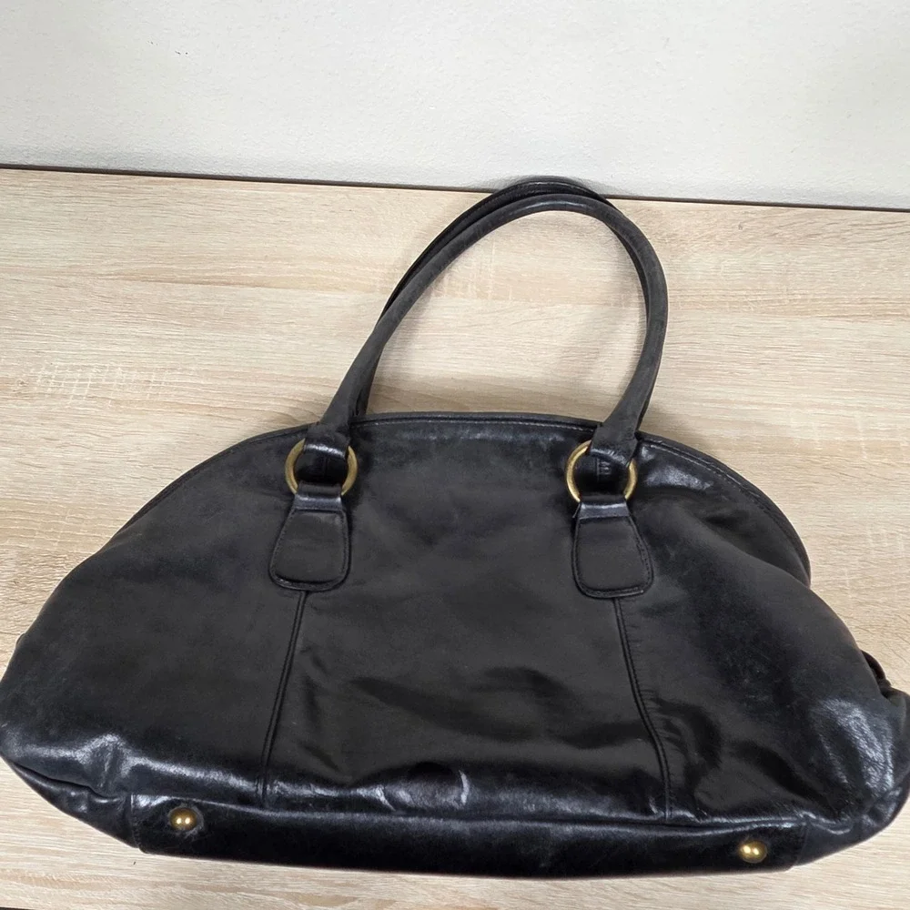 HOBO International Black Leather Satchel Handbag Brass Hardware
